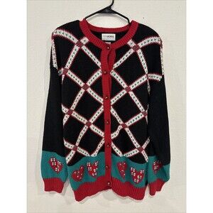 Vintage Yarnworks Tacky Christmas Sweater Hearts Jingle Bell Buttons Size Large